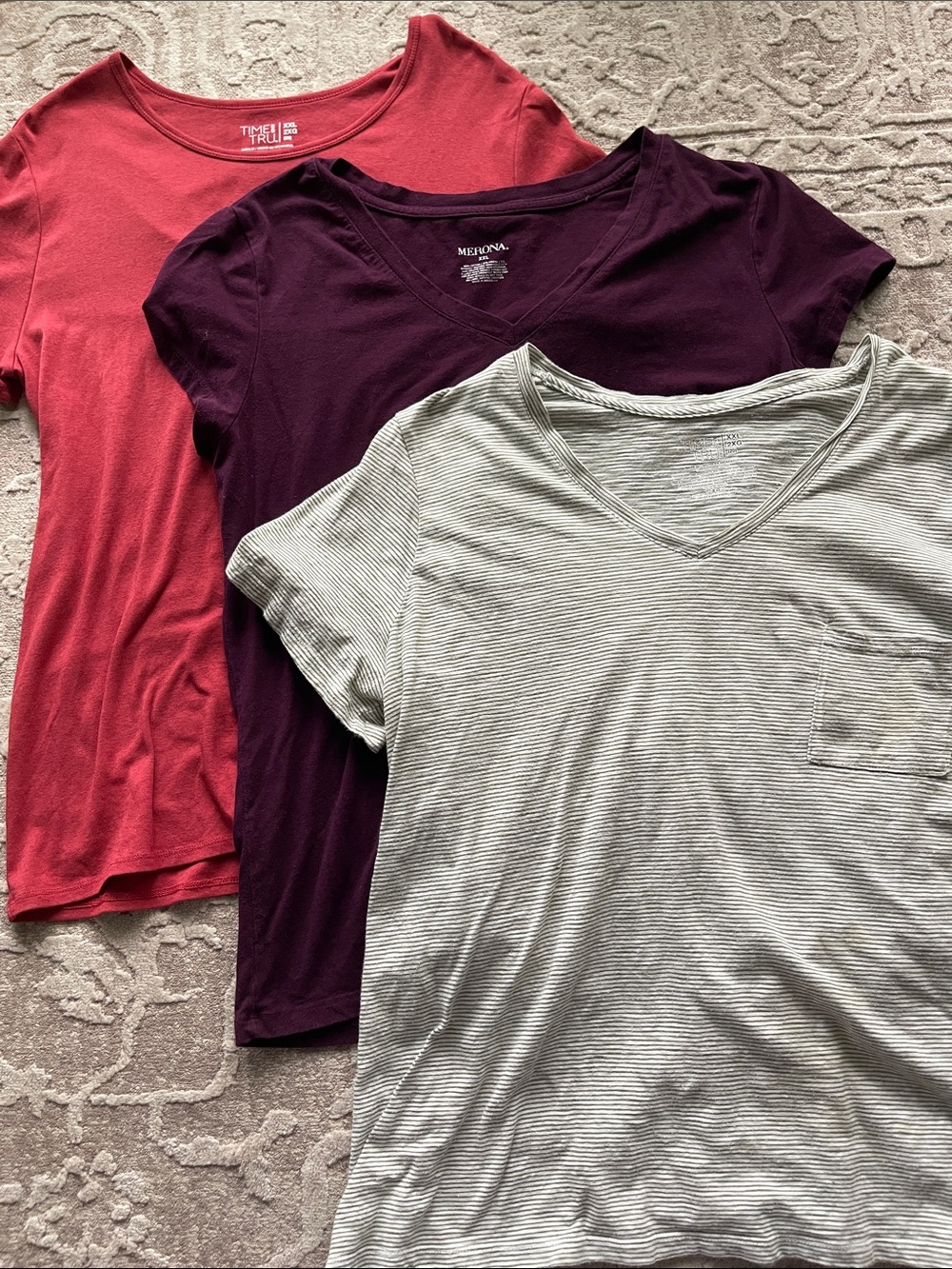 XXL Three Casual Tee Bundle - Red, Plum, Light Green Stripe